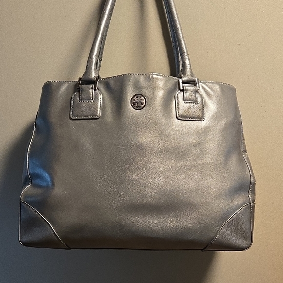 Tory Burch Silver Gray Leather Tote Bag - Picture 1 of 14